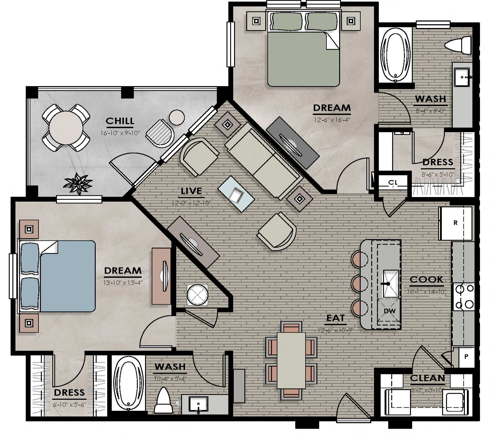 Floor plan for 2 beds, 2 baths, 1217 sqft